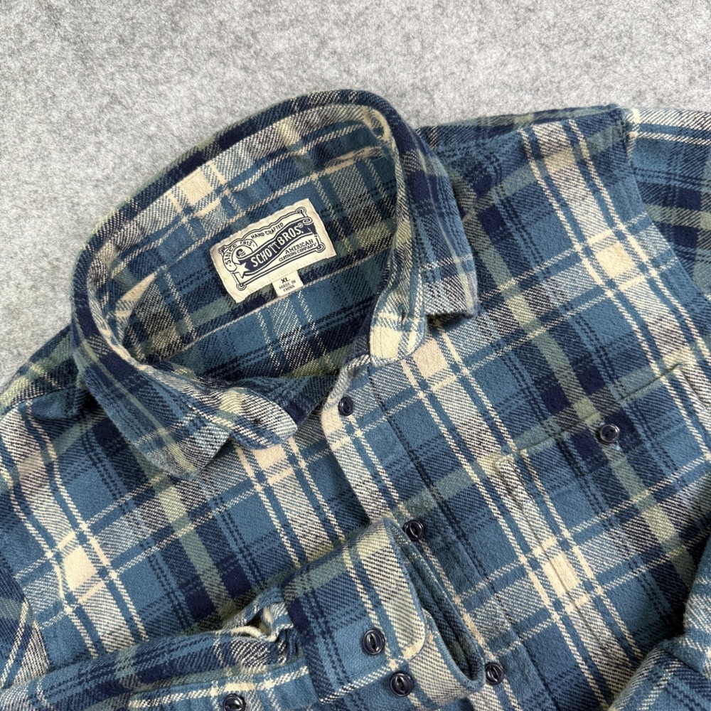 Schott NYC Flannel Shirt Mens XL Blue Plaid Heavy Cotton Button Down Workwear